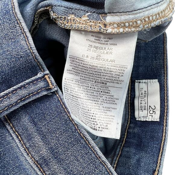 GAP Resolution Slim Straight Jeans Distressed Raw Hem Denim Stretch Womens 25R - Picture 7 of 8